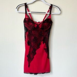 NEW Frederick’s of Hollywood Red Mesh Lacey Corset Lingerie Set
